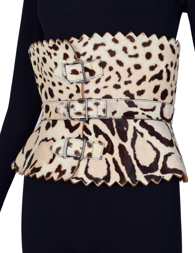 Azzedine Alaia Vintage Ultra Wide Leopard Painted Pony Hair Sculpted Belt