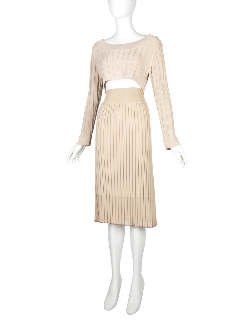 Azzedine Alaia Vintage SS 1987 Two Tone Beige Ribbed Knit Crop Top and Skirt Ensemble