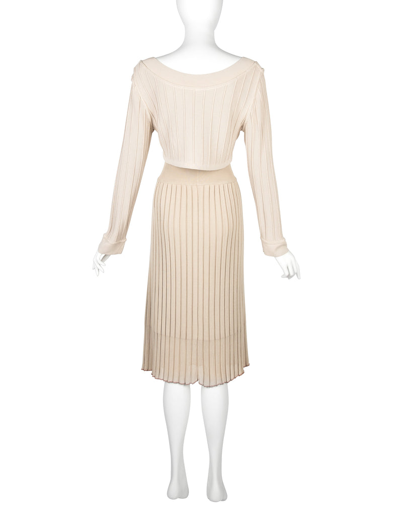 Azzedine Alaia Vintage SS 1987 Two Tone Beige Ribbed Knit Crop Top and Skirt Ensemble