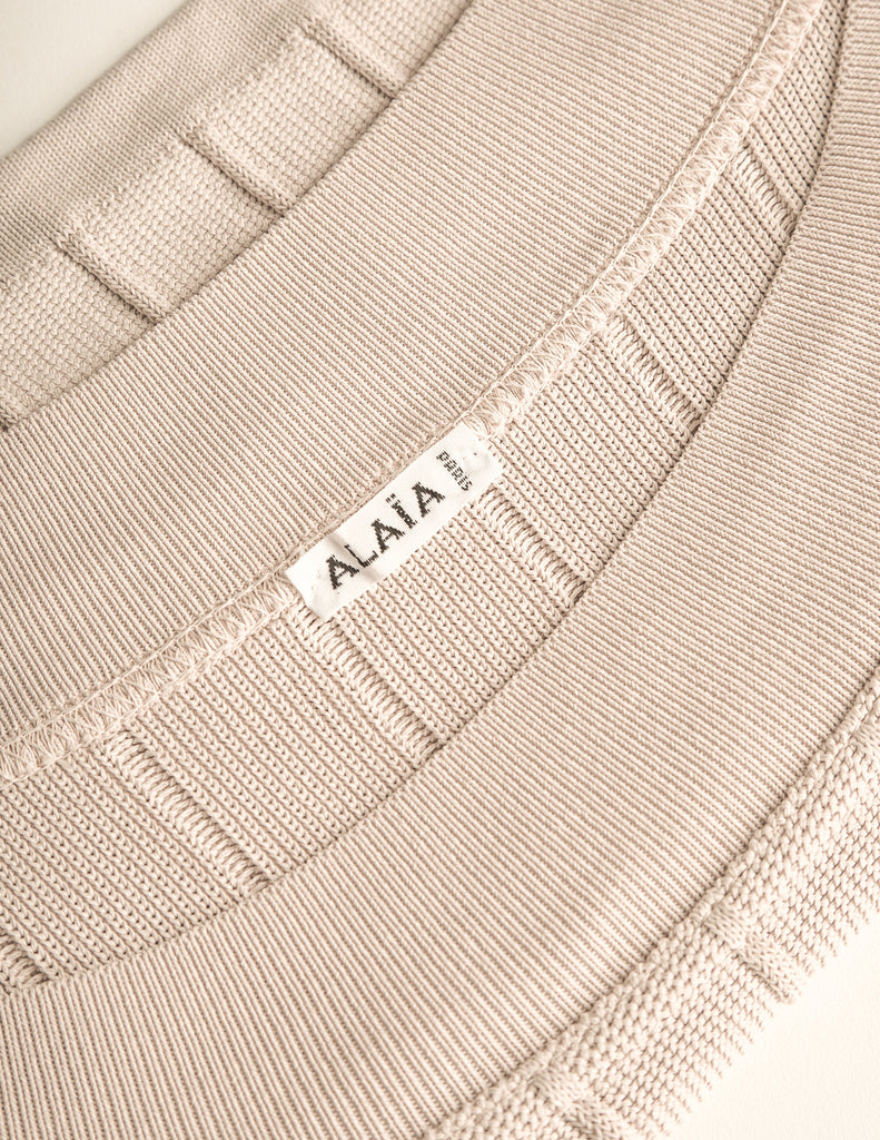 Azzedine Alaia Vintage SS 1987 Two Tone Beige Ribbed Knit Crop Top and Skirt Ensemble