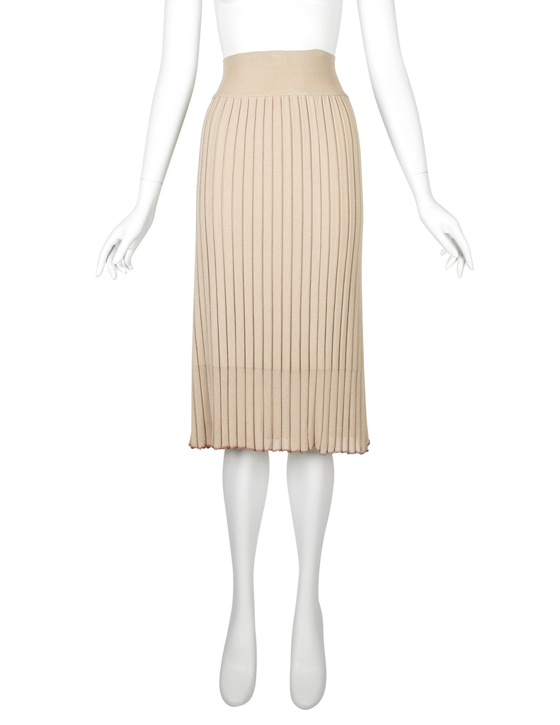 Azzedine Alaia Vintage SS 1987 Two Tone Beige Ribbed Knit Crop Top and Skirt Ensemble