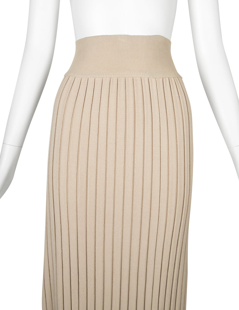 Azzedine Alaia Vintage SS 1987 Two Tone Beige Ribbed Knit Crop Top and Skirt Ensemble