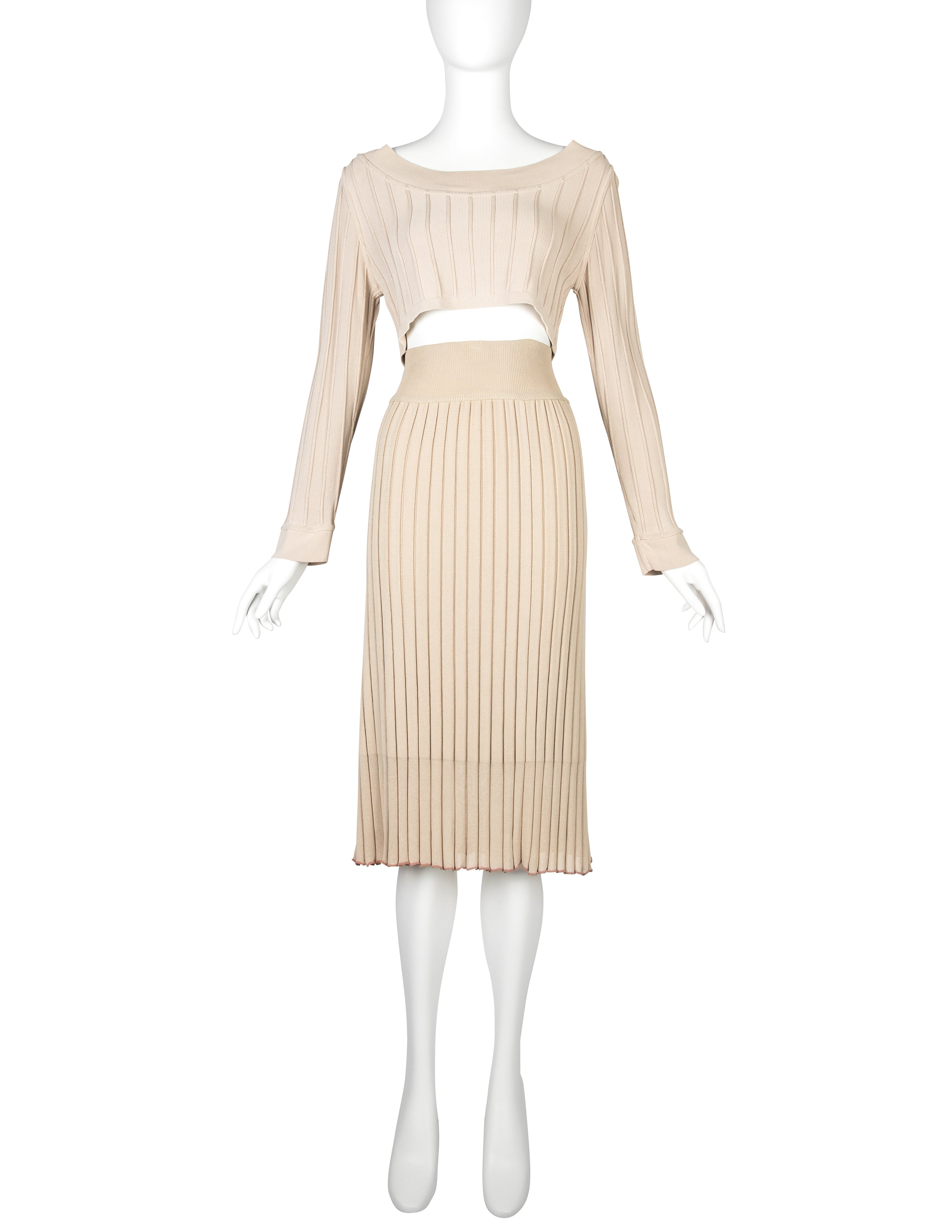 Azzedine Alaia Vintage SS 1987 Two Tone Beige Ribbed Knit Crop Top and Skirt Ensemble