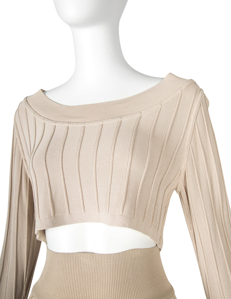 Azzedine Alaia Vintage SS 1987 Two Tone Beige Ribbed Knit Crop Top and Skirt Ensemble