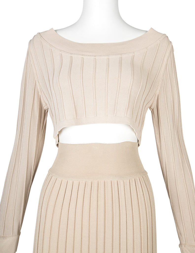 Azzedine Alaia Vintage SS 1987 Two Tone Beige Ribbed Knit Crop Top and Skirt Ensemble