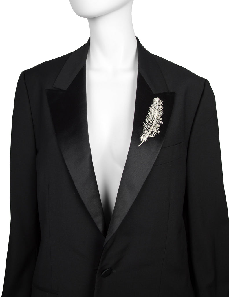 Alexander McQueen Vintage SS 2007 Black Wool Satin Feather Lapel Jacket