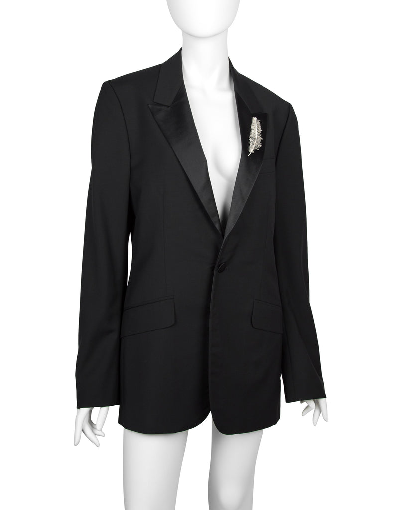 Alexander McQueen Vintage SS 2007 Black Wool Satin Feather Lapel Jacket