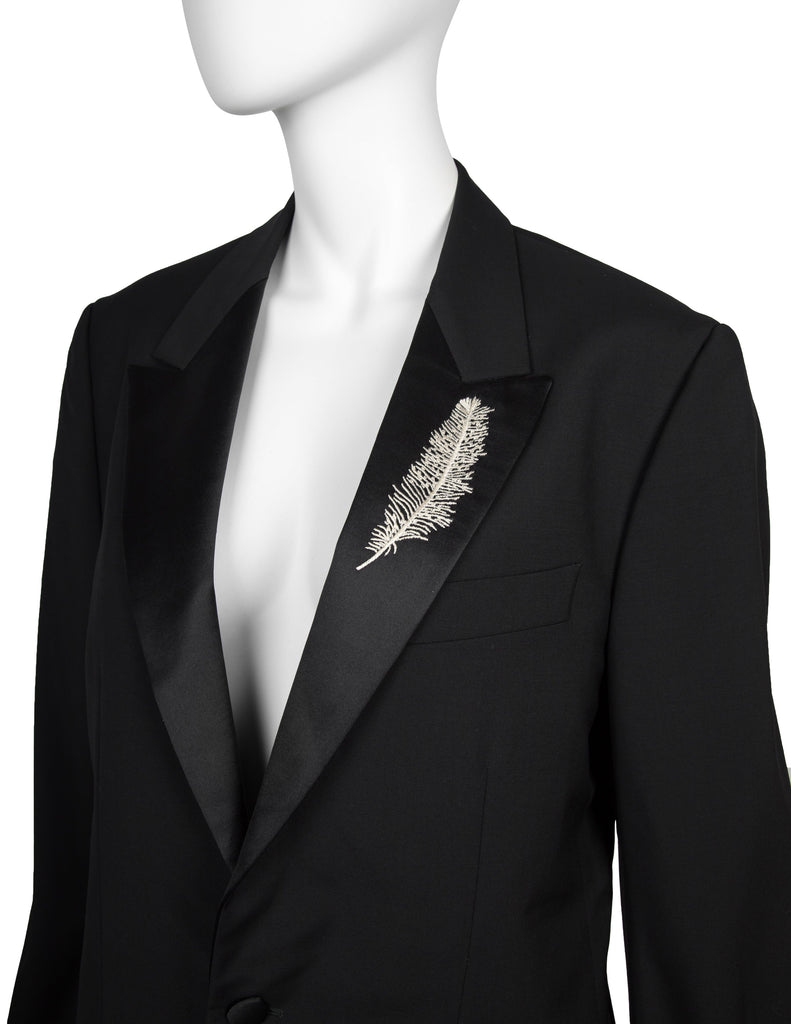 Alexander McQueen Vintage SS 2007 Black Wool Satin Feather Lapel Jacket