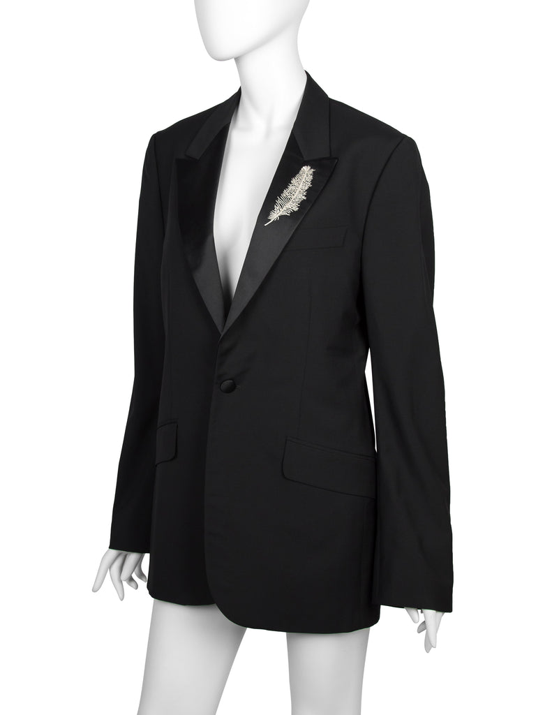 Alexander McQueen Vintage SS 2007 Black Wool Satin Feather Lapel Jacket