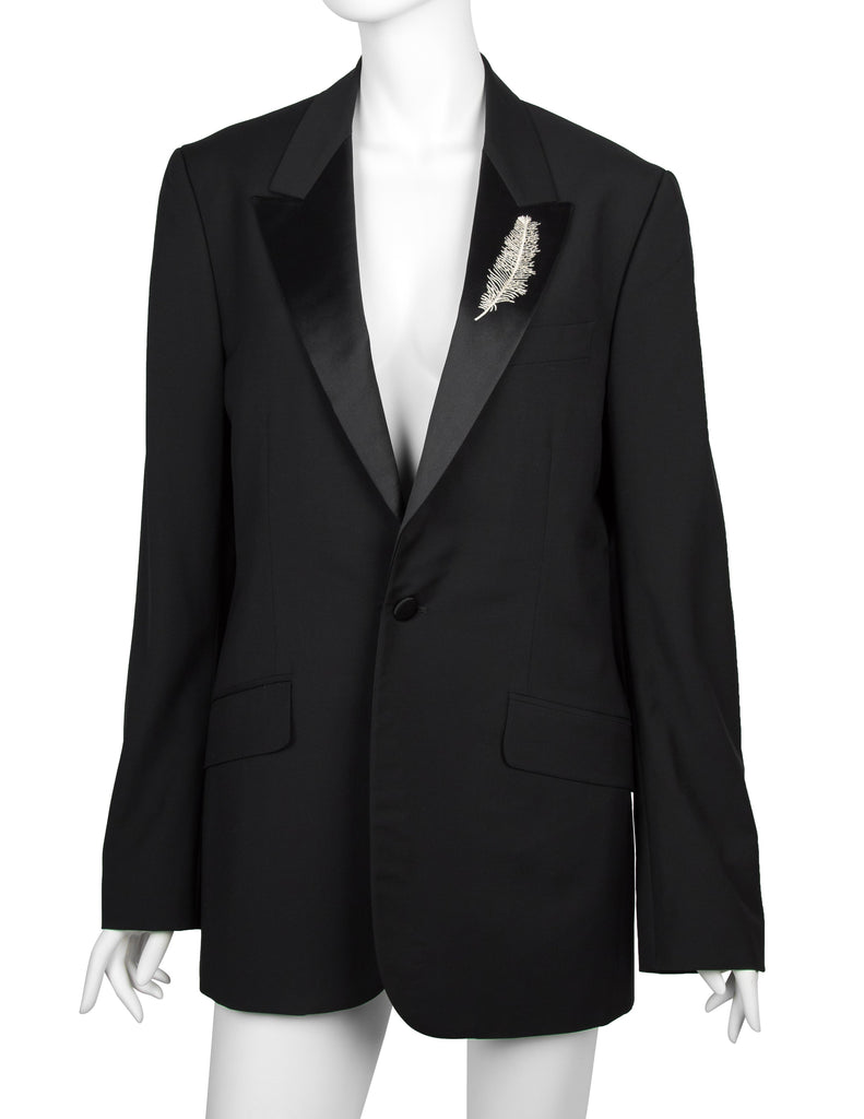 Alexander McQueen Vintage SS 2007 Black Wool Satin Feather Lapel Jacket