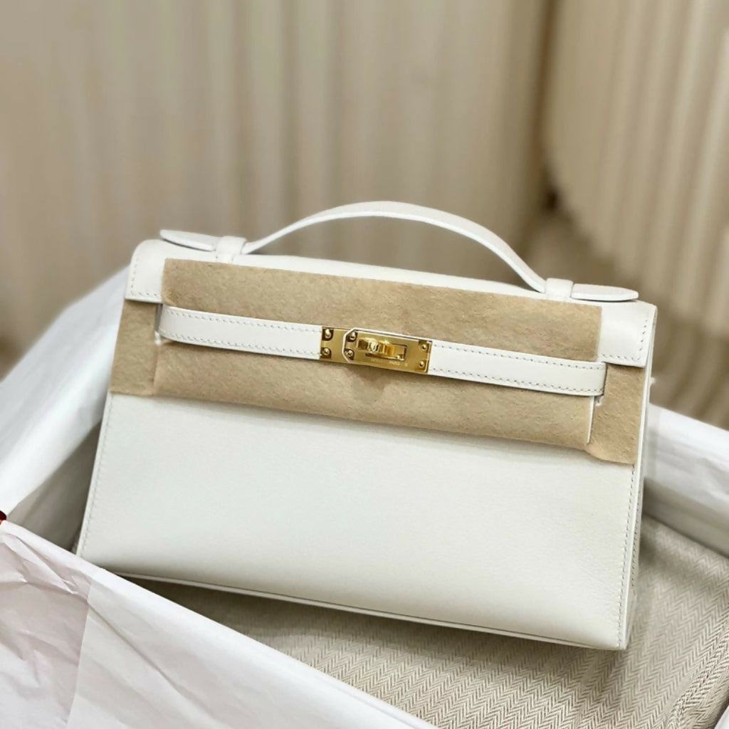 Hermes Mini Kelly Pochette Pure White  Swift Leather Gold Hardware