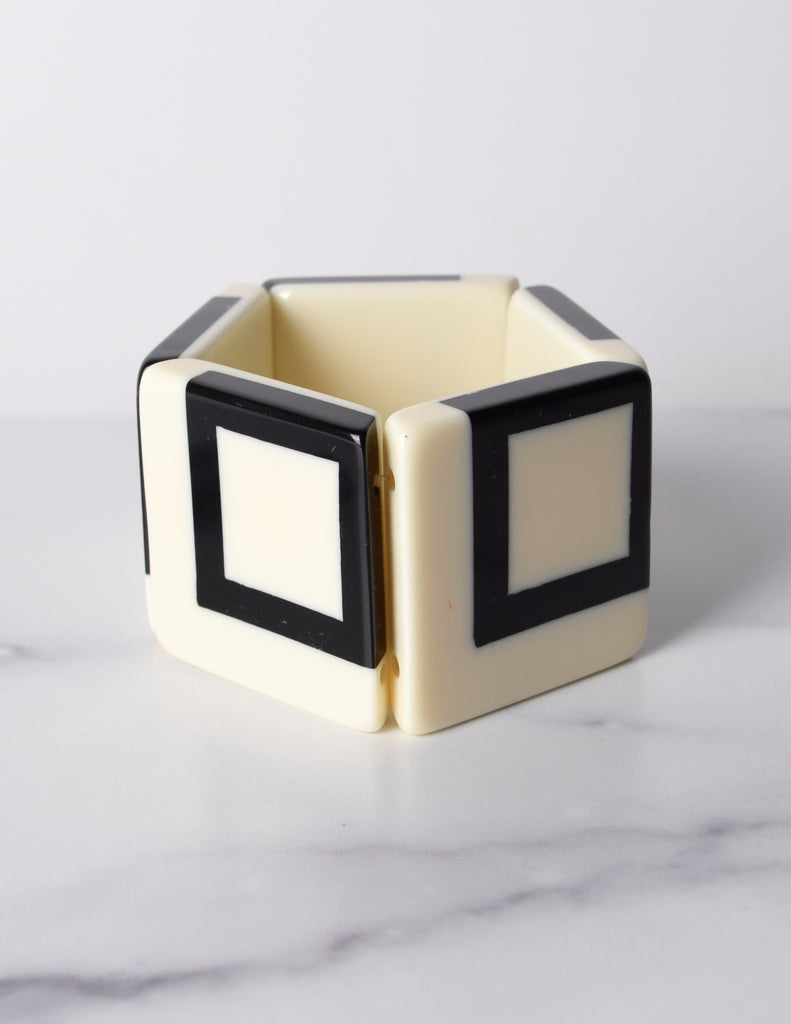 Vintage 1980s Off-White and Black Geometric Resin Bracelet