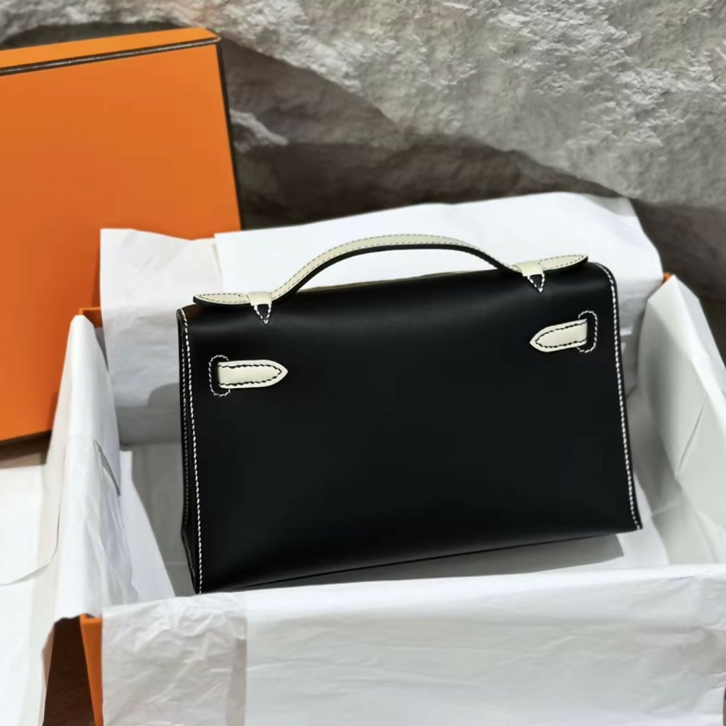 Hermes Mini Kelly Pochette Black & White Swift Leather Palladium Hardware