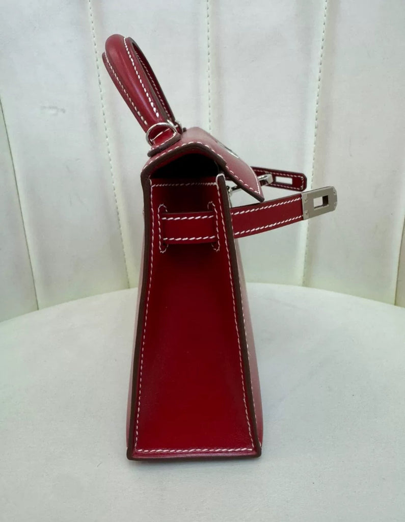 Rare Hermès Mini Kelly Ferrari red box leather with white stitching palladium hardware