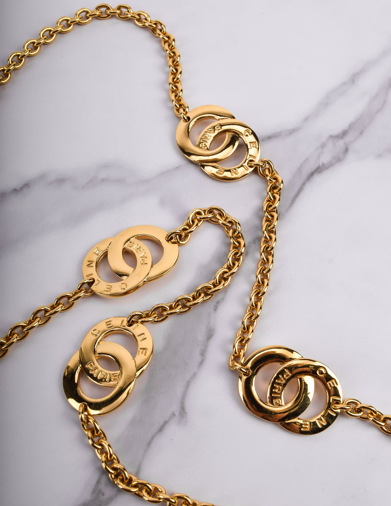 Celine Vintage Golden Interlocking Insignia Ring Chain Necklace