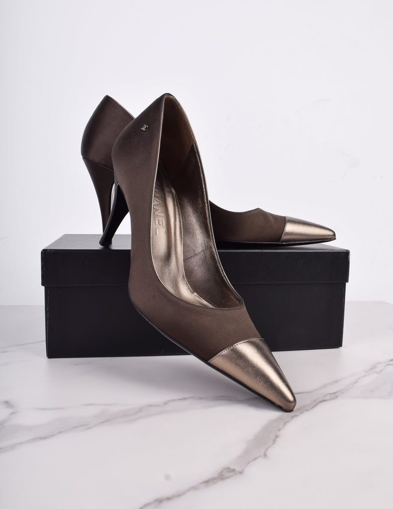 Chanel Vintage AW 2004 Deepest Brown Satin and Bronze Leather Cap Toe Pumps