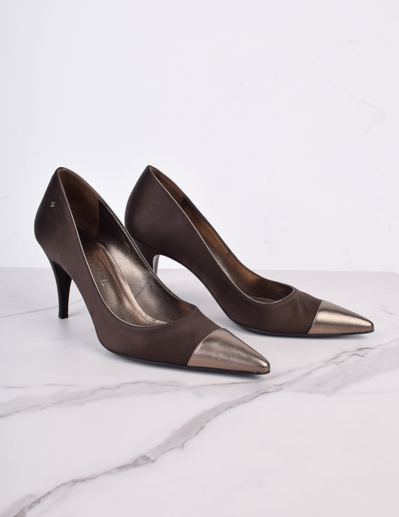 Chanel Vintage AW 2004 Deepest Brown Satin and Bronze Leather Cap Toe Pumps
