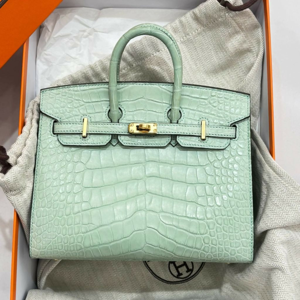 Hermes Birkin 20 Vert d’eaux Matte Crocodile leather sellier with Gold Hardware