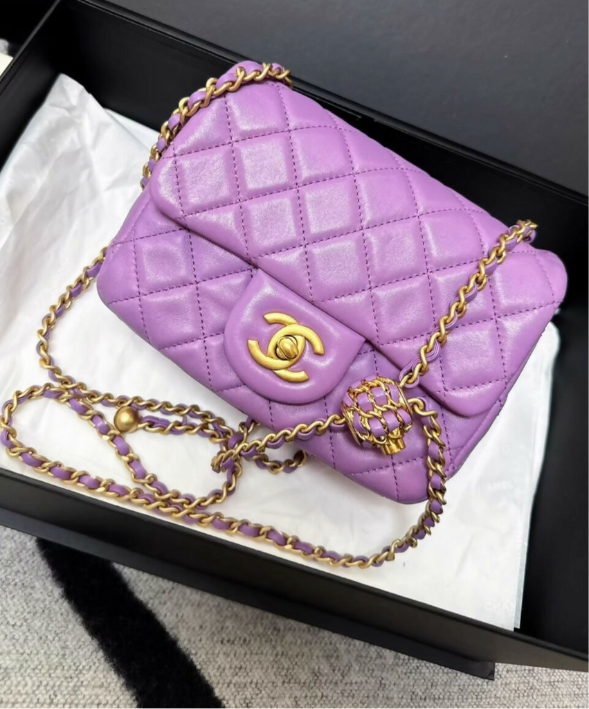 Chanel 22S purple leather square mini flap gold ball chain bag