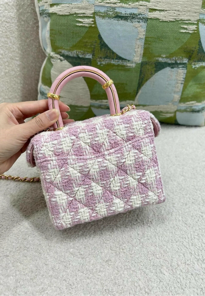 Chanel 23S Top Handle Flap Bag in Pink Tweed Houndstooth Aged Gold Hardware