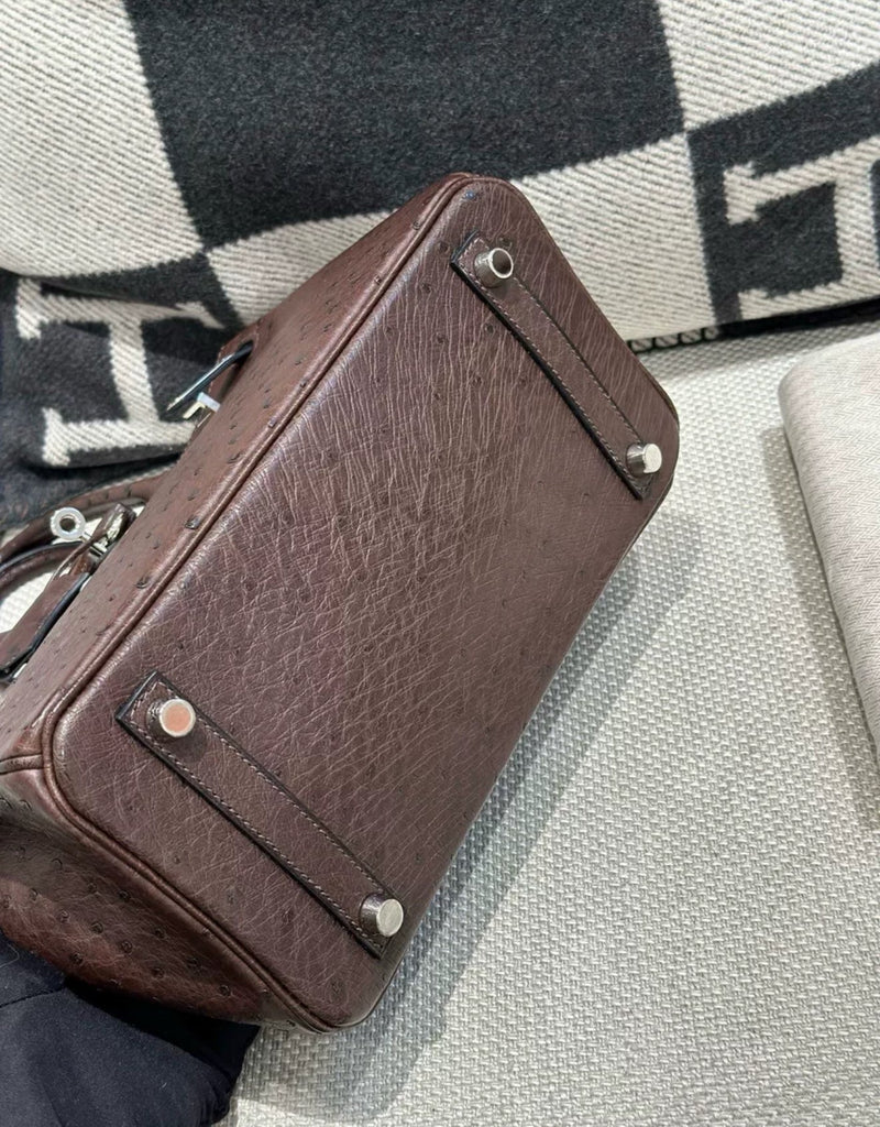 Preloved Birkin 25 Chocolate Ostrich Palladium Hardware
