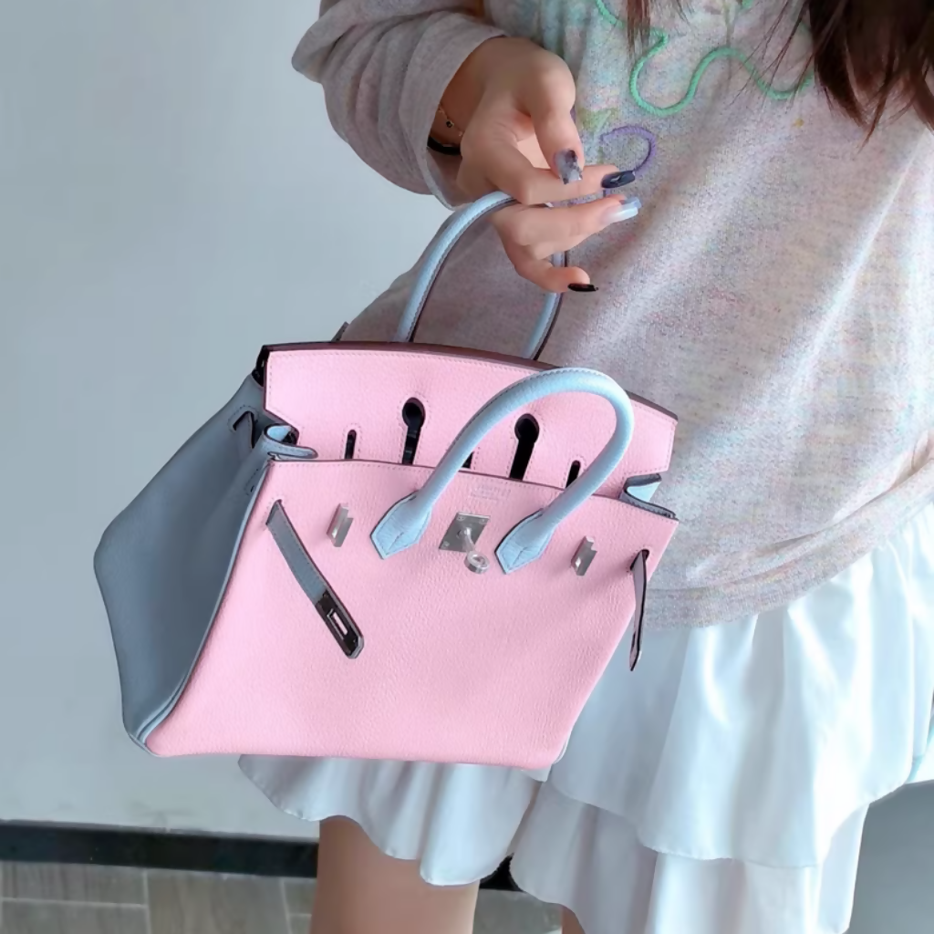 Hermès Birkin 25 3Q rose sakura pink & T0 Blue Brume Goatskin leather Brushed Palladium Hardware