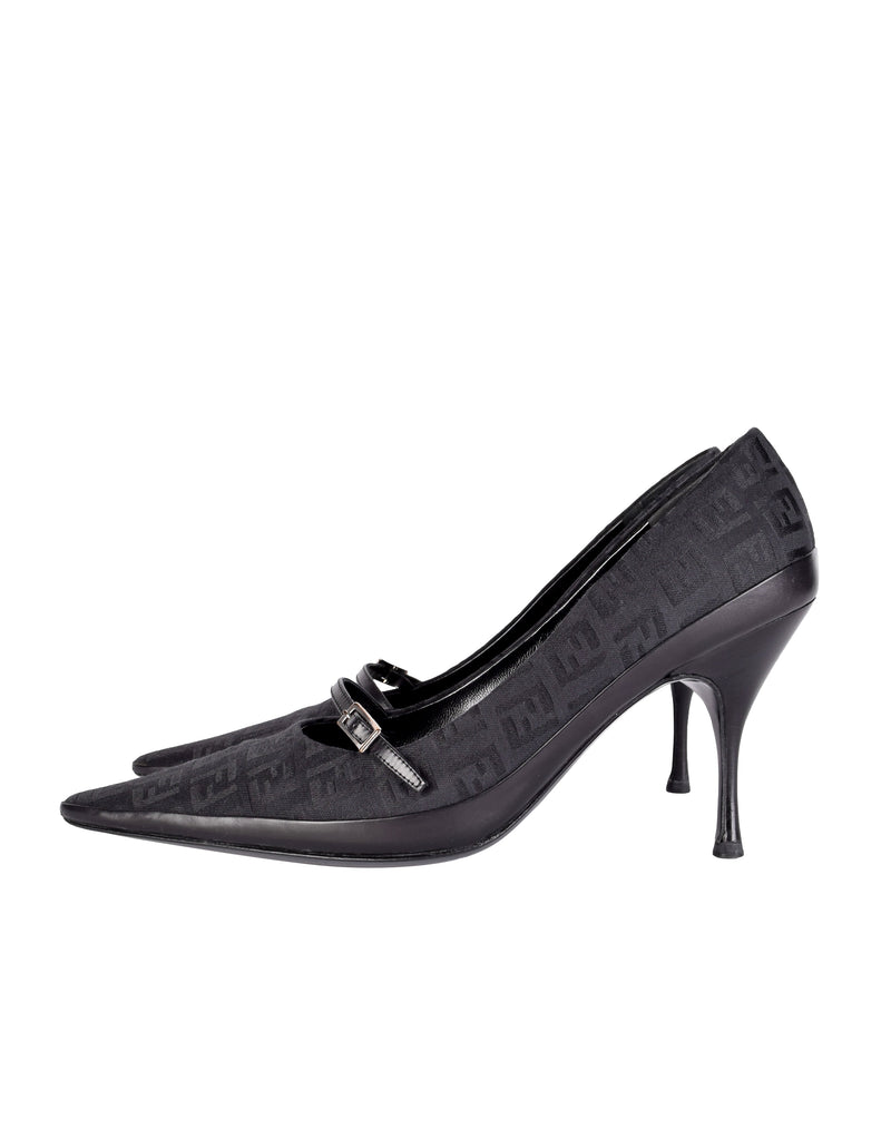 Fendi Vintage Black Zucchino Logo Fabric and Leather Mary Jane Heels