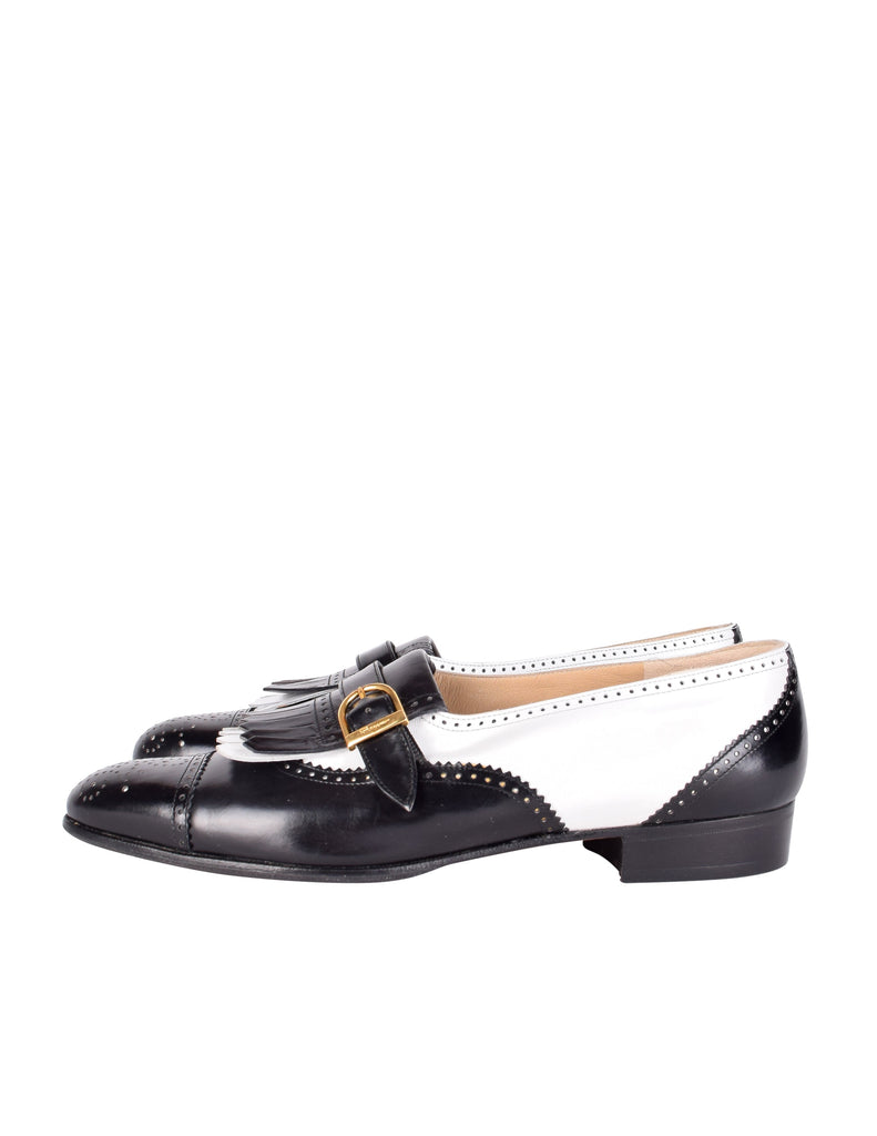 Ferragamo Vintage Black and White Leather Kiltie Buckle Shoes