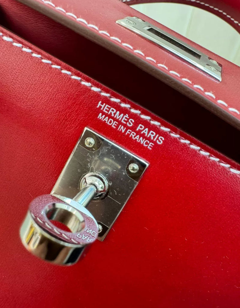 Rare Hermès Mini Kelly Ferrari red box leather with white stitching palladium hardware