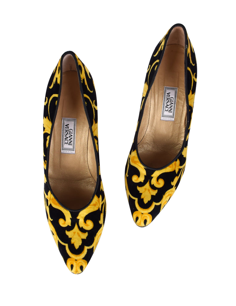 Gianni Versace Vintage Early 1990s Black and Yellow Baroque Print Velvet Pumps