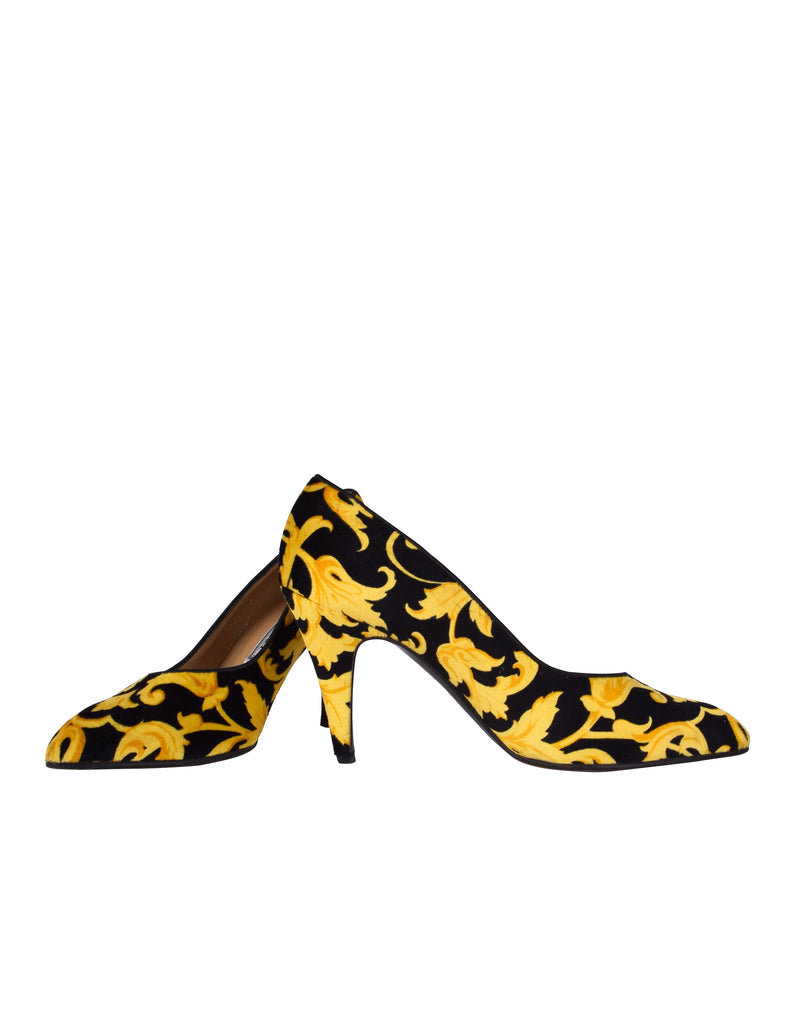 Gianni Versace Vintage Early 1990s Black and Yellow Baroque Print Velvet Pumps