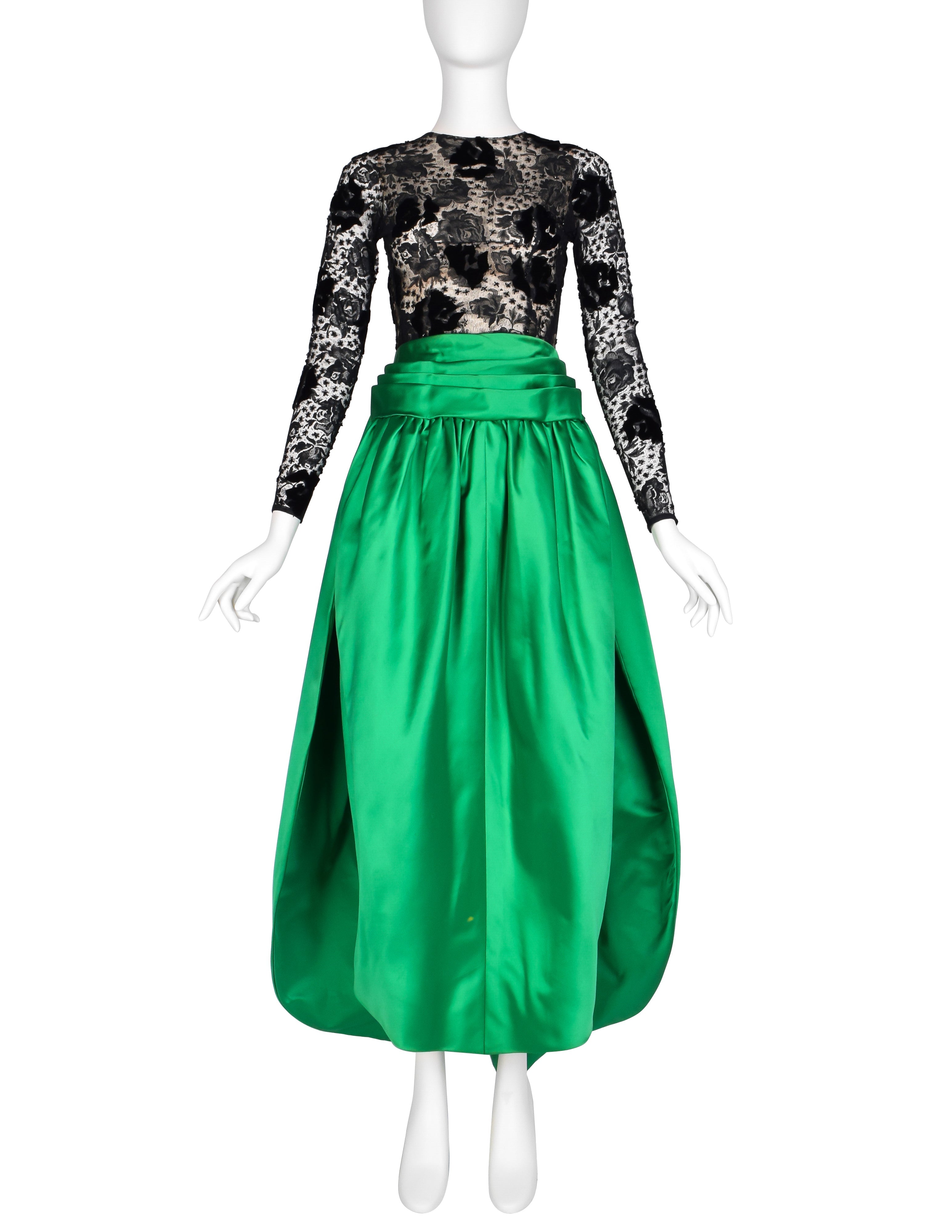 Givenchy Haute Couture Vintage AW 1978 Documented Black Lace and Green Duchess Satin Gown