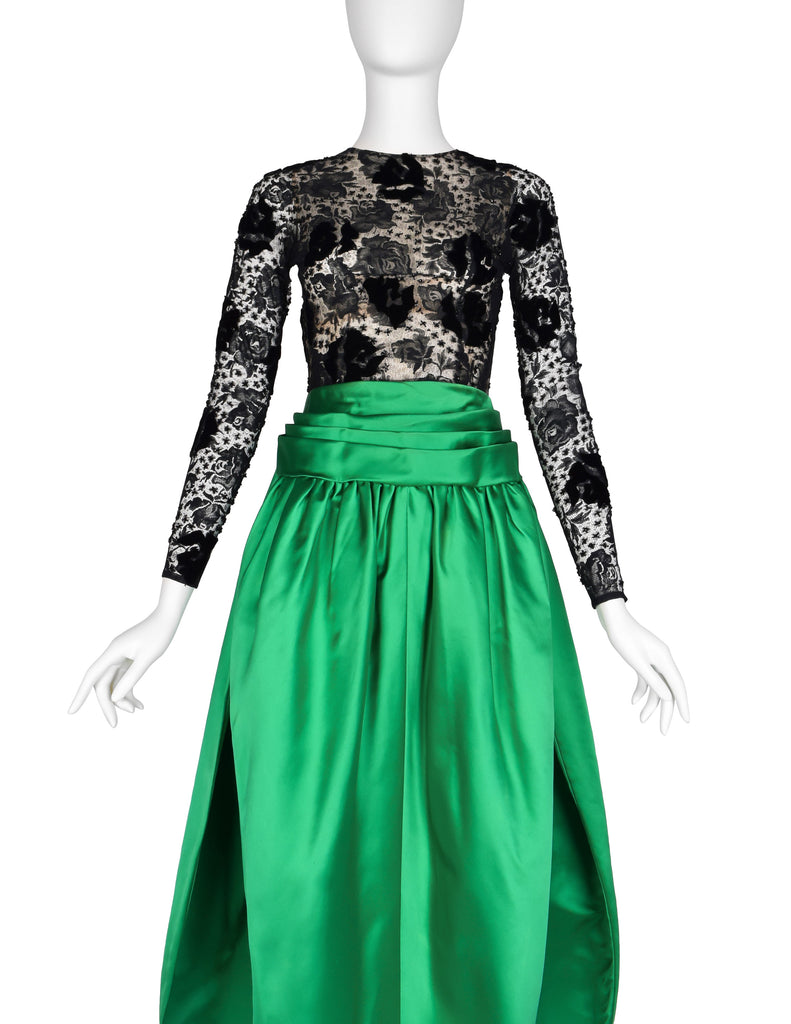 Givenchy Haute Couture Vintage AW 1978 Documented Black Lace and Green Duchess Satin Gown