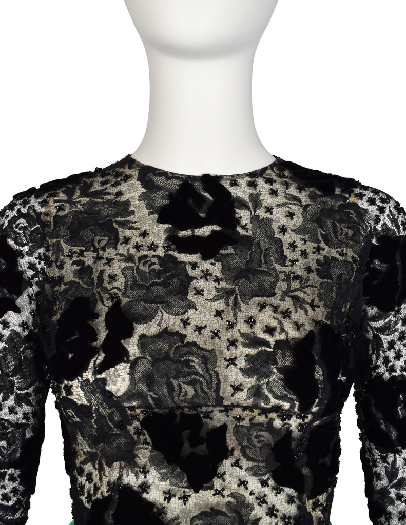 Givenchy Haute Couture Vintage AW 1978 Documented Black Lace and Green Duchess Satin Gown