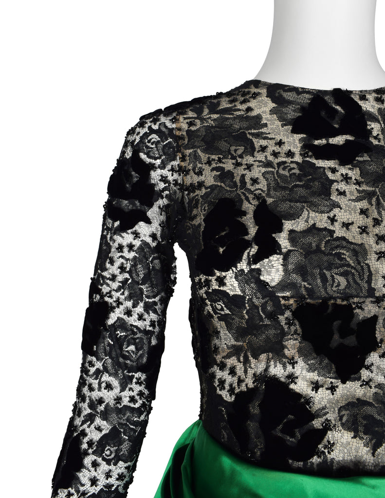 Givenchy Haute Couture Vintage AW 1978 Documented Black Lace and Green Duchess Satin Gown