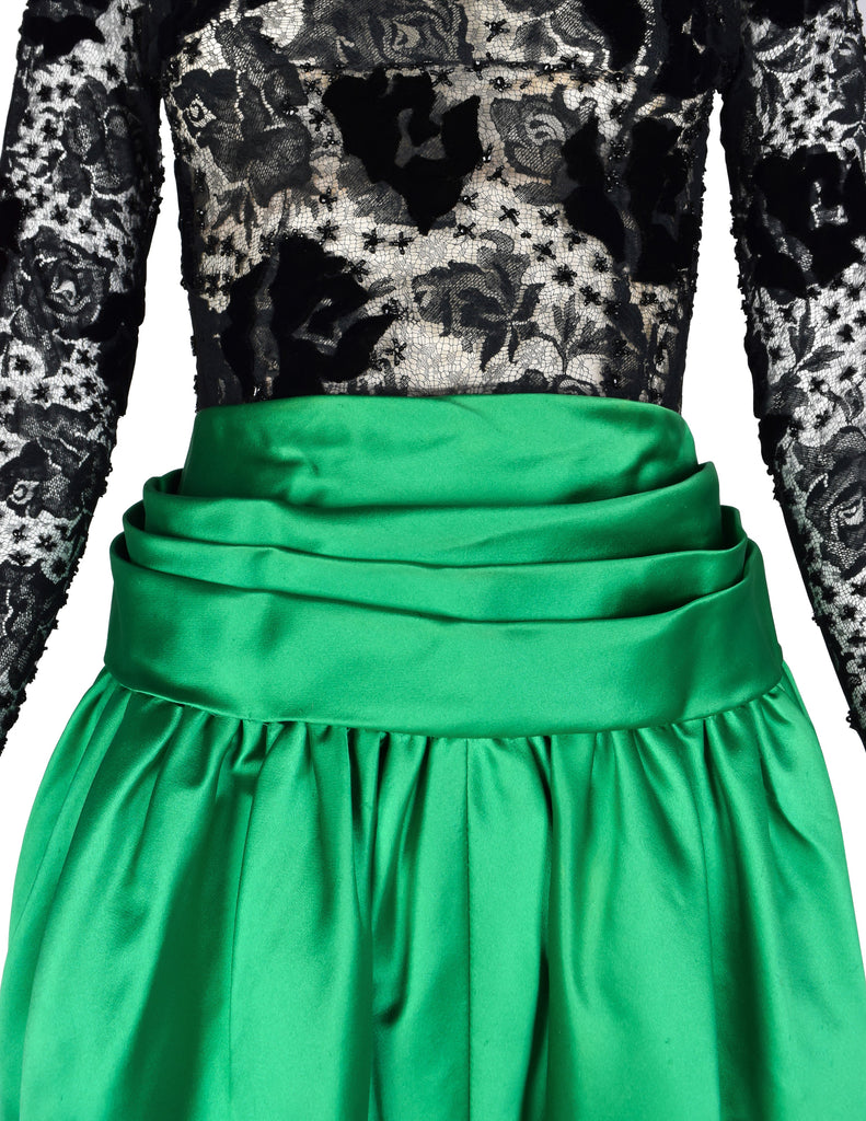 Givenchy Haute Couture Vintage AW 1978 Documented Black Lace and Green Duchess Satin Gown