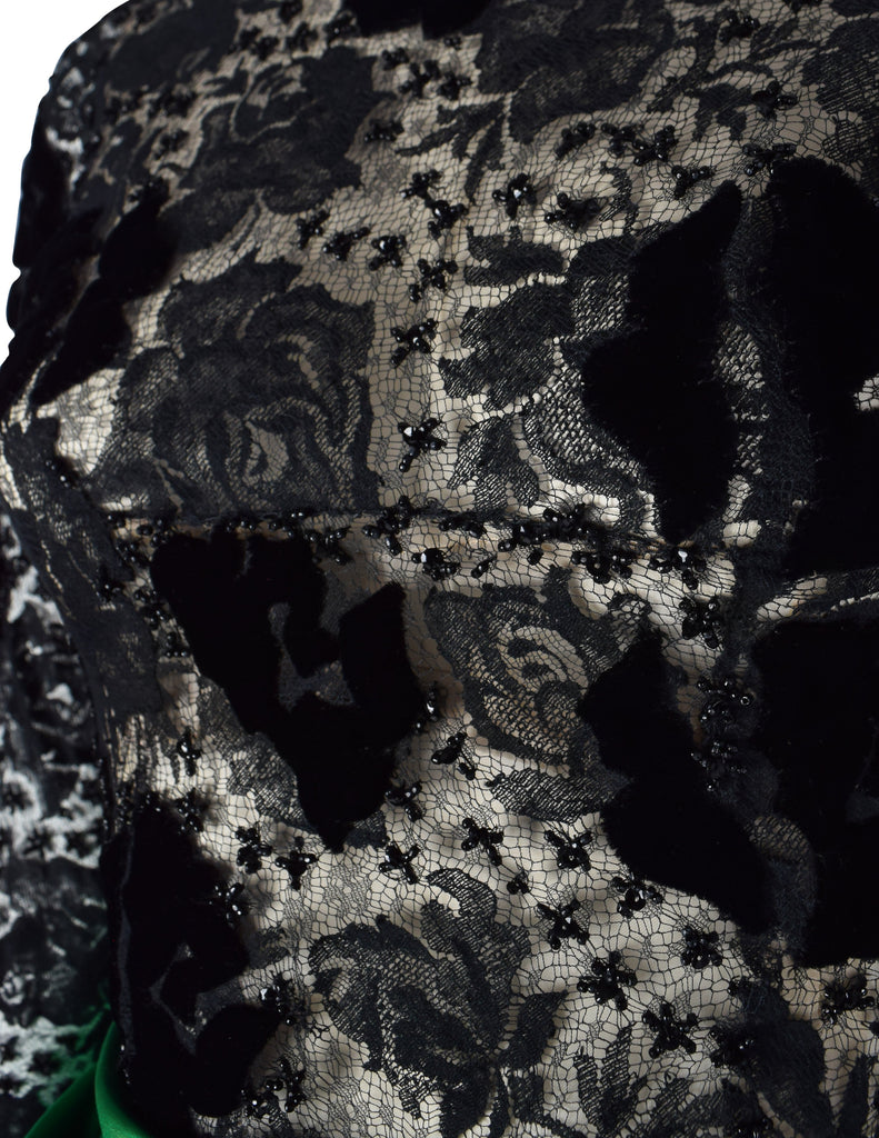 Givenchy Haute Couture Vintage AW 1978 Documented Black Lace and Green Duchess Satin Gown