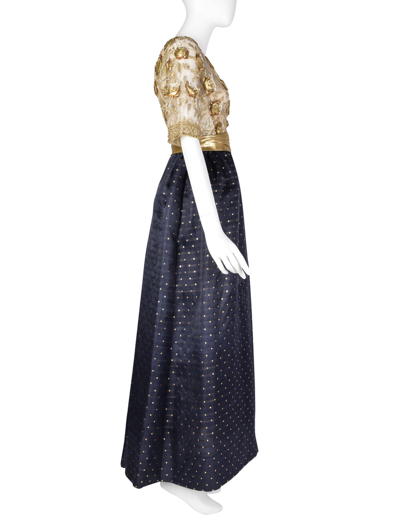 Givenchy Haute Couture Vintage 1970s Gold Embellished Bodice and Blue Silk Faille Evening Gown