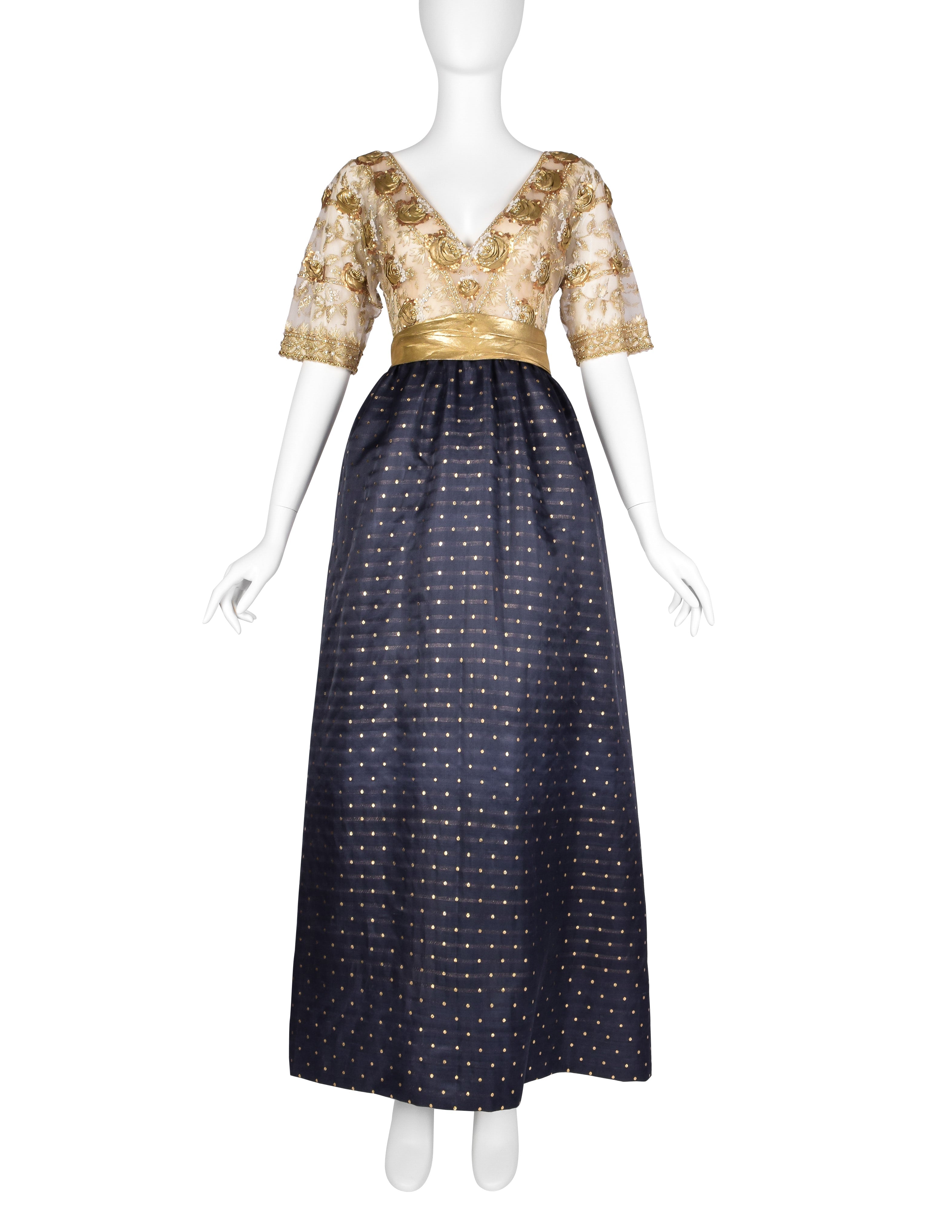 Givenchy Haute Couture Vintage 1970s Gold Embellished Bodice and Blue Silk Faille Evening Gown