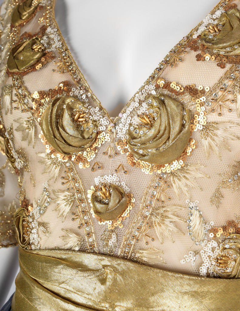 Givenchy Haute Couture Vintage 1970s Gold Embellished Bodice and Blue Silk Faille Evening Gown