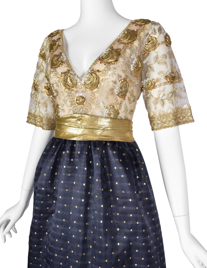 Givenchy Haute Couture Vintage 1970s Gold Embellished Bodice and Blue Silk Faille Evening Gown