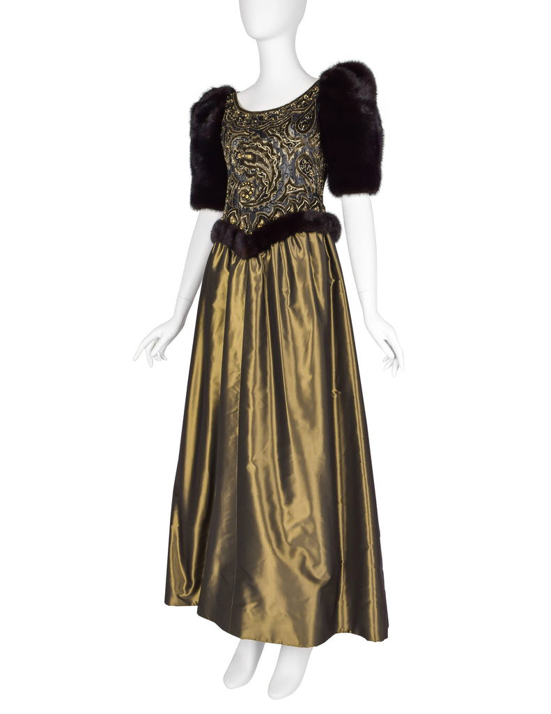 Givenchy Haute Couture Vintage AW 1980 Documented Embellished Bodice Black and Bronze Silk Taffeta Mink Sleeve Gown