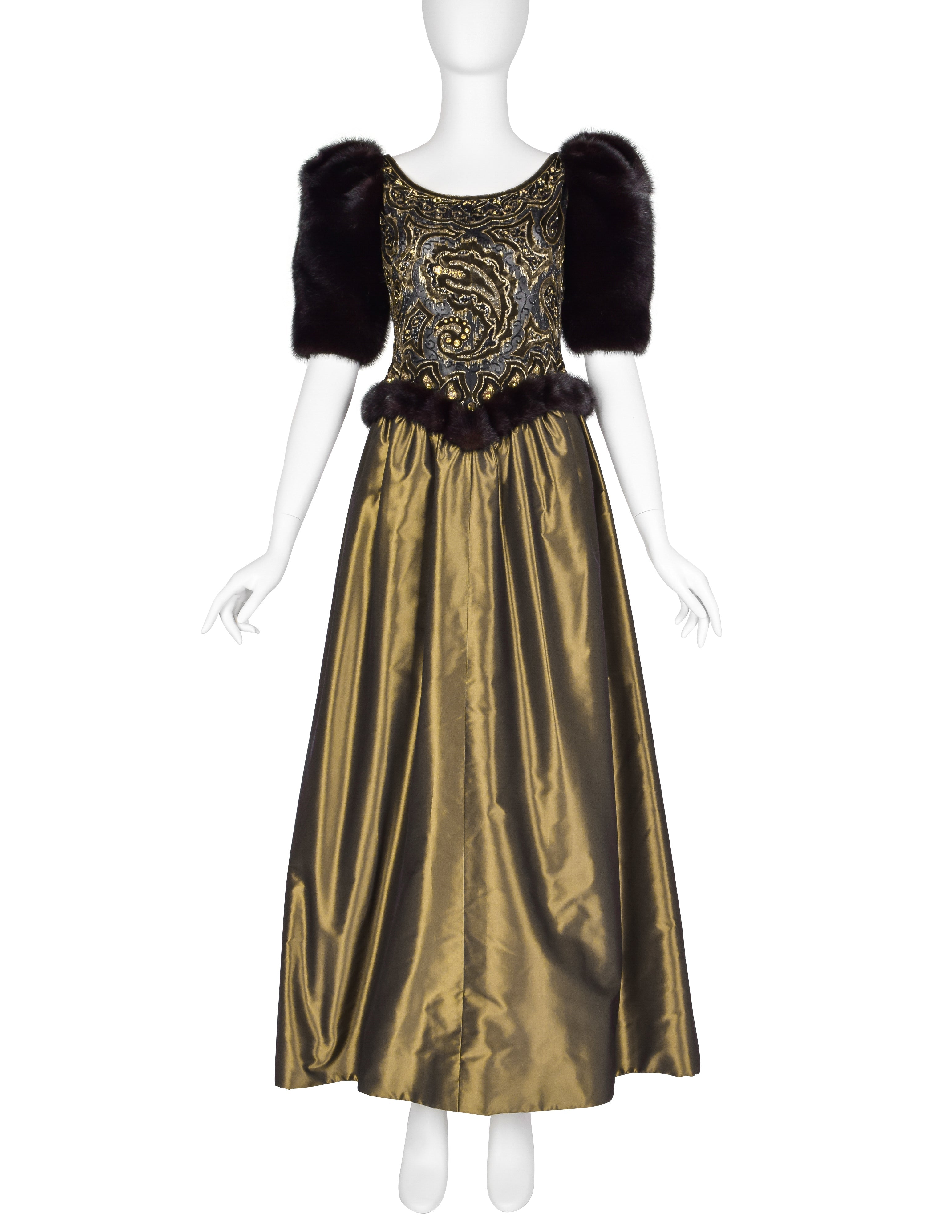 Givenchy Haute Couture Vintage AW 1980 Documented Embellished Bodice Black and Bronze Silk Taffeta Mink Sleeve Gown