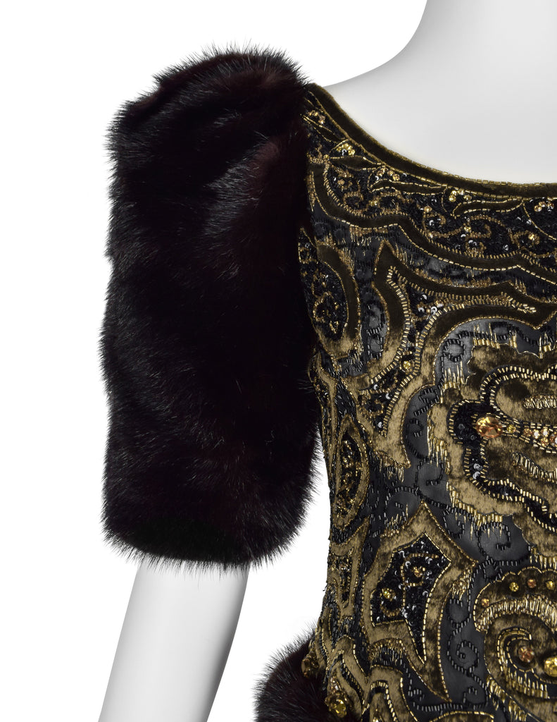 Givenchy Haute Couture Vintage AW 1980 Documented Embellished Bodice Black and Bronze Silk Taffeta Mink Sleeve Gown