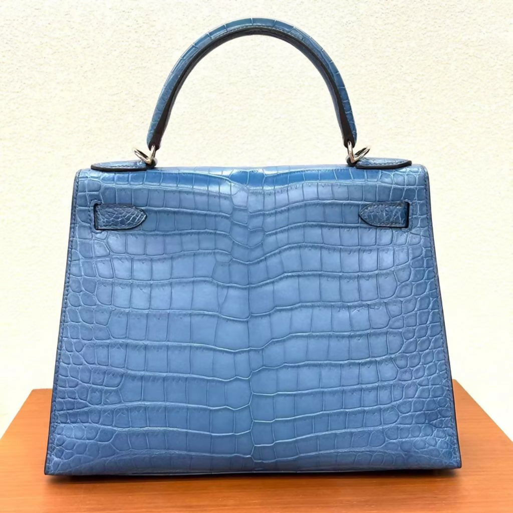 Hermès Kelly 28 Blue Izmir Matte crocodile Leather Palladium Hardware