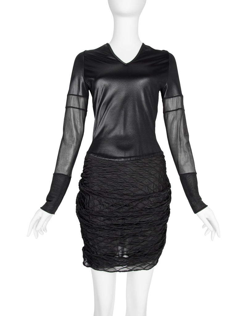Helmut Lang Vintage 1992 Liquid Stretch Sheer Paneled Diamond Stitched Dress