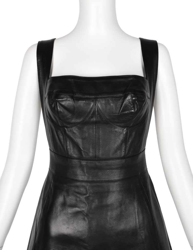 Herve Leger Vintage Black Leather Bustier Mini Dress