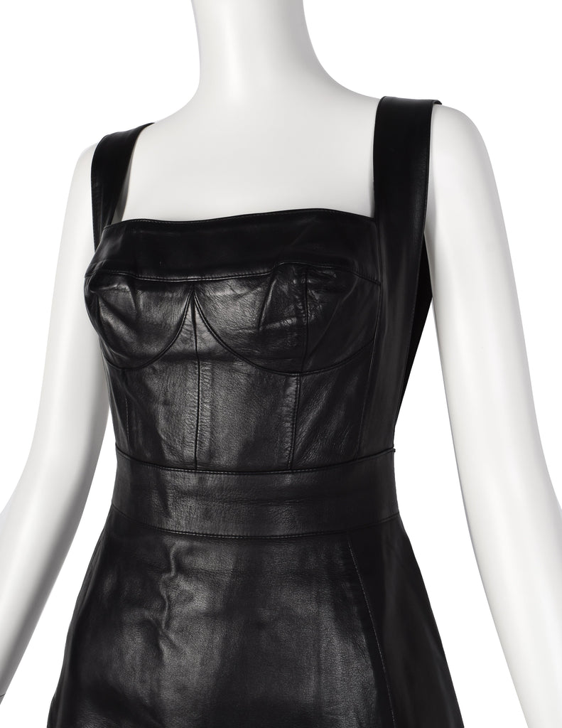 Herve Leger Vintage Black Leather Bustier Mini Dress