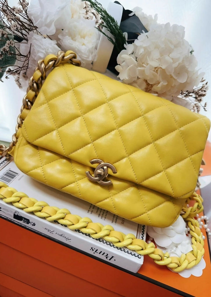 Chanel 22s yellow leather gold hardware mini flap crossbody bag