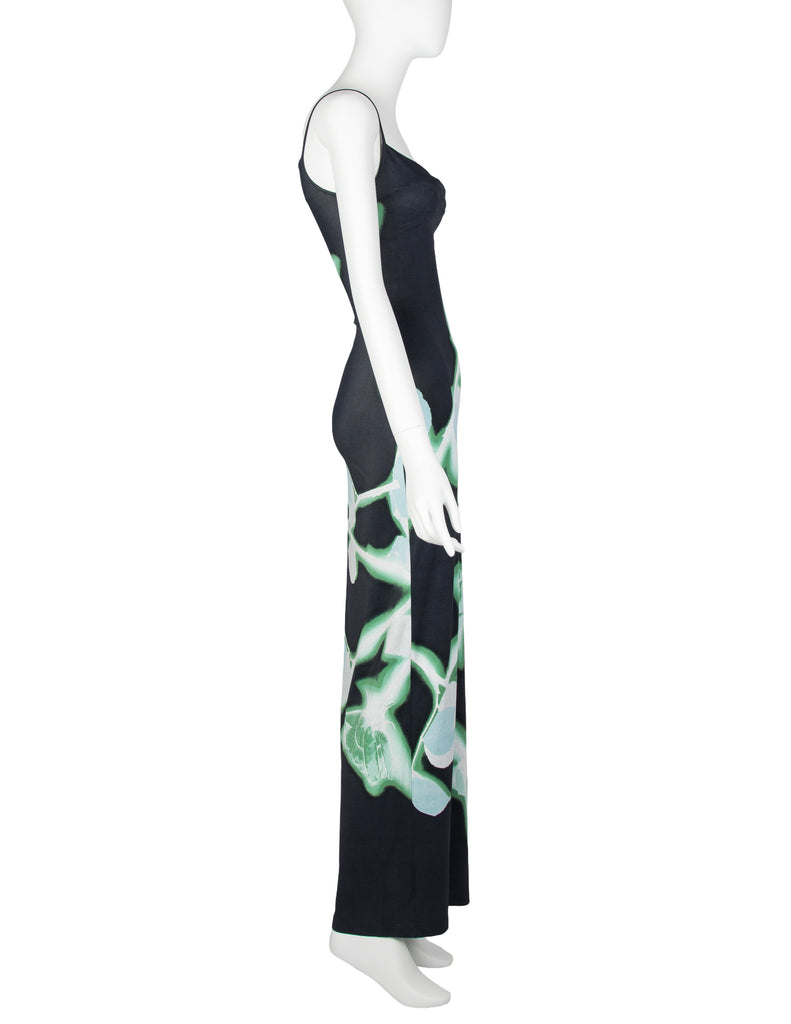 Plein Sud Vintage 1990s Black Green Abstract Rose Print Dress